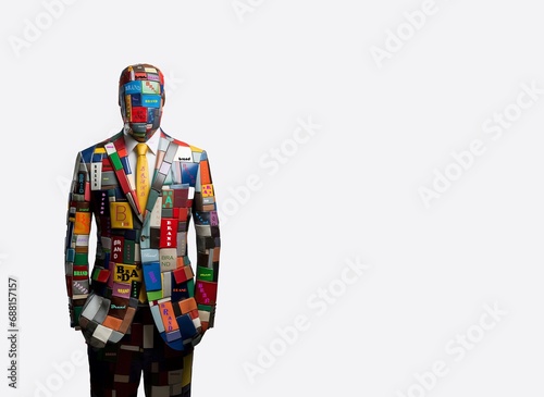 Brand concept. A male figure dressed in a suit is standing. It is composed of rectangular pieces of different colors and sizes. Each one has the word BRAND written on it. White background.