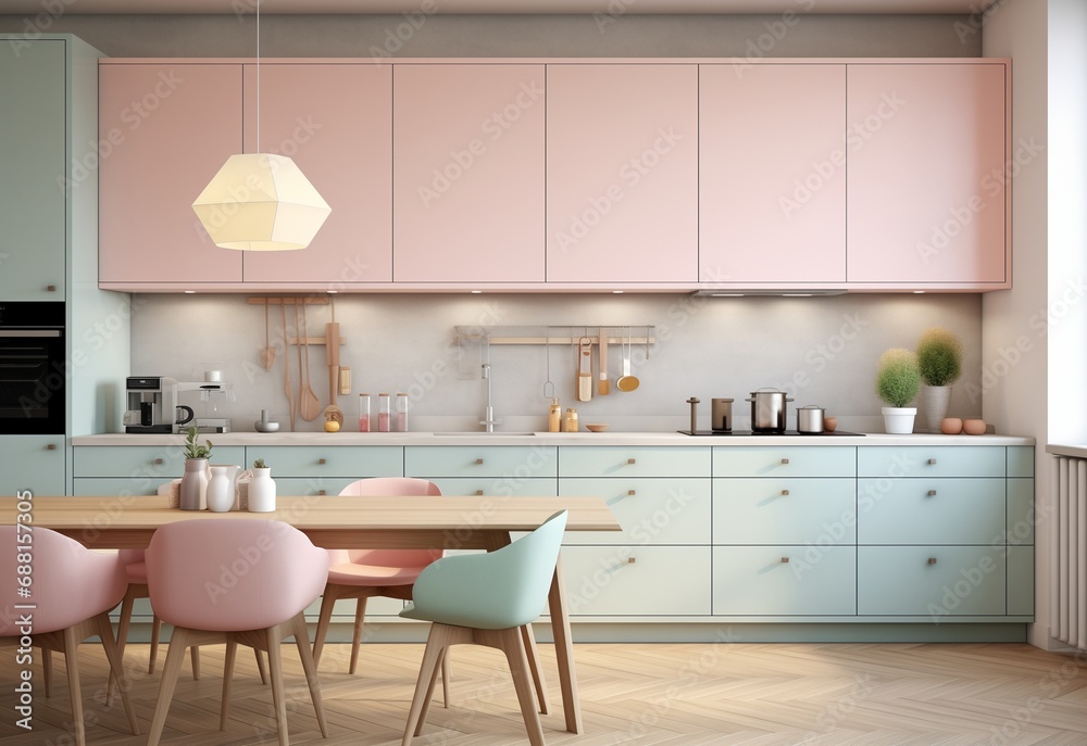 Pastel color theme modern interior design kitchen with cabinets, chairs, and table. Modern kitchen home interior design.