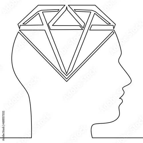 Continuous line drawing A valuable idea, a diamond in a human head icon vector illustration concept