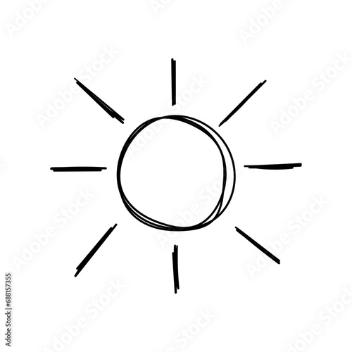 Sun vector icon in doodle style. Symbol in simple design. Cartoon object hand drawn isolated on white background.