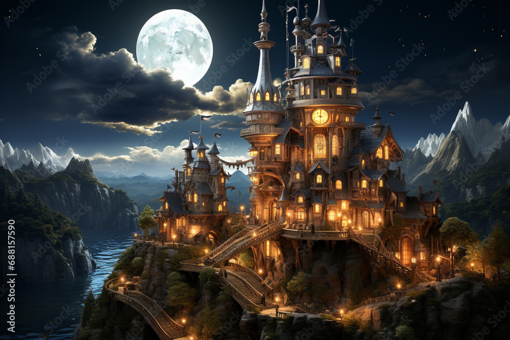 Transport yourself to a magical realm with an enchanting illustration of a fantastic castle. Ai generated Transport yourself to a magical realm with an enchanting illustration of a fantastic castle. Ai generated