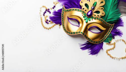 Mardi gras mask with beads and feathers and copy space isolated on white photo
