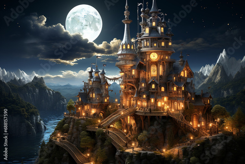  Transport yourself to a magical realm with an enchanting illustration of a fantastic castle. Ai generated