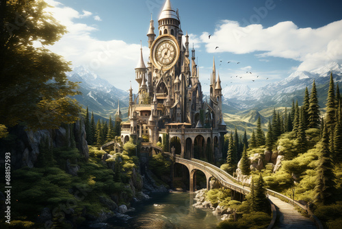  Transport yourself to a magical realm with an enchanting illustration of a fantastic castle. Ai generated