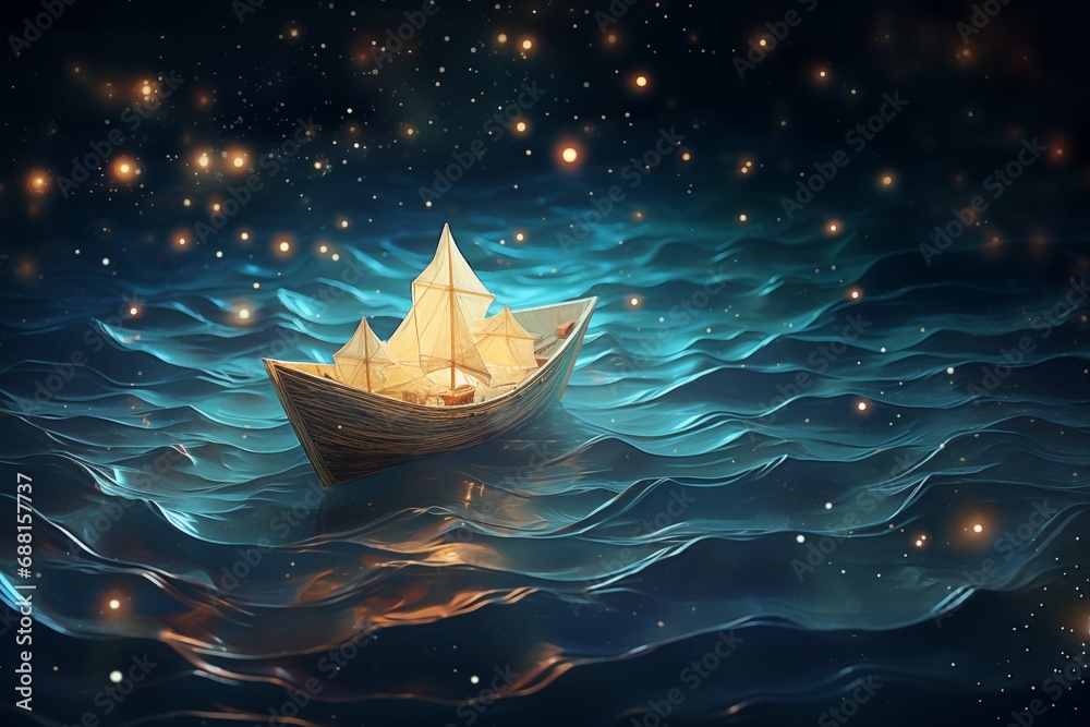 Surreal paper boat sailing on glowing waves under a starry night sky ...