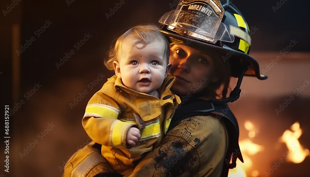 a fireman holding a baby running out of a burning house. standing in burning home a fireman holding a baby running out of a burning house. standing in burning home