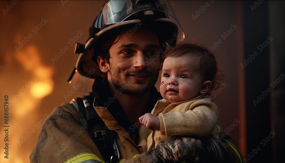 a fireman holding a baby running out of a burning house. standing in burning home a fireman holding a baby running out of a burning house. standing in burning home