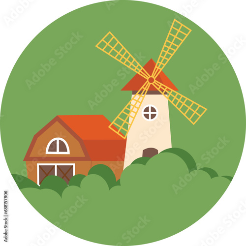 Mill and barn among farmland. Agricultural rural landscape in a circle. Vector image for stickers, website design, articles, news, booklets. © Natali