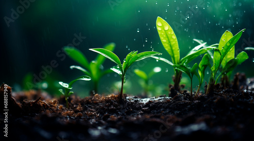 young plants growing under rain. life concepts. green concepts. 