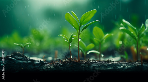 young plants growing under rain. life concepts. green concepts.  photo