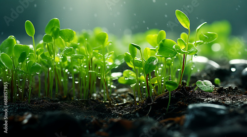 young plants growing under rain. life concepts. green concepts. 