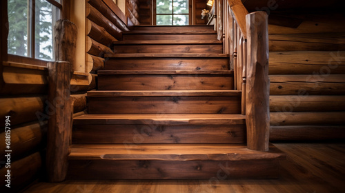 Rustic Scene with a Wooden Staircase in a Homely Cabin Radiating Naturalness and Simplicity