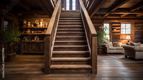Rustic Wooden Staircase in a Cozy Cabin Showcasing the Charm and Warmth of Country Living © Linus