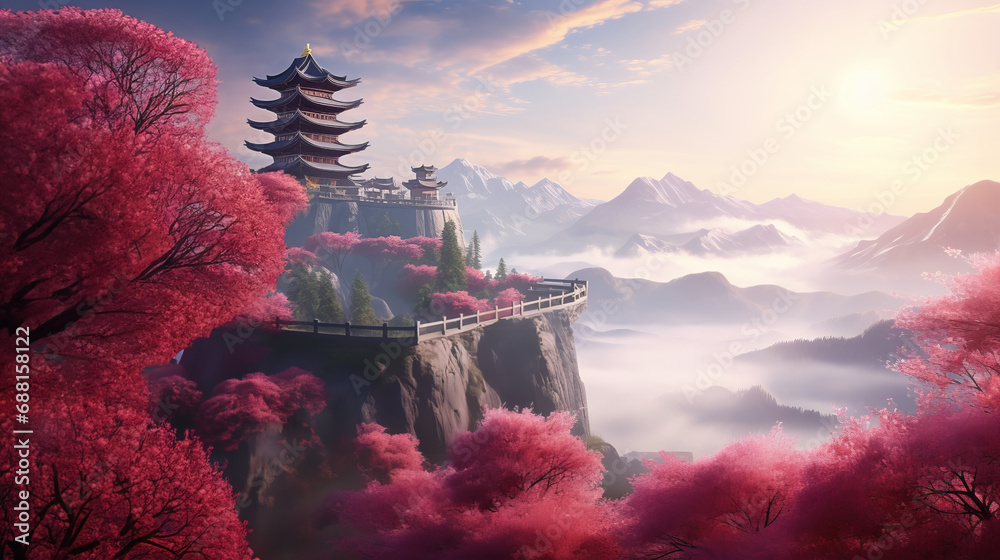 Stunning mountain view of Asian temple amidst mist and blooming sakura trees in misty haze symbolizing harmony between nature and spirituality, breathtaking allure of nature - obrazy, fototapety, plakaty 