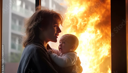 a mother holding her baby and screaming out of a window with fire photo