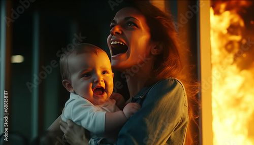 a mother holding her baby and screaming out of a window with fire photo