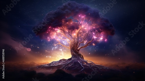 Magical tree with neon glows amidst colorful night sky illuminated by celestial lights symbolizing magic of making wishes upon stars and pursuing dreams in dreamlike landscape photo