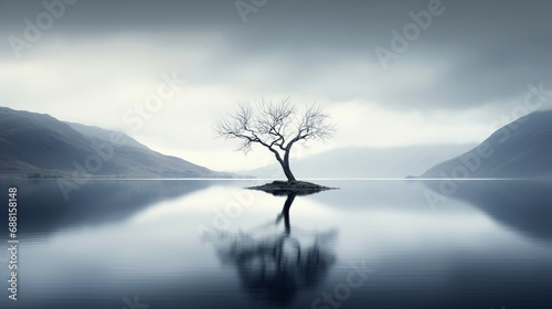 Lonely tree in midst of bleak lake creates melancholic atmosphere evoking sense of isolation, decay and passage of time, beauty in melancholic solitude and passage of time photo