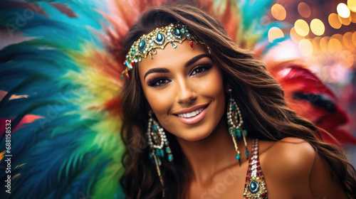 beautiful young Brazilian girl at a carnival in Brazil, fancy dress, outfit, masquerade, feathers, rhinestones, woman, makeup, portrait, smiling face, joy, happiness, dancing, sparkles, sequins