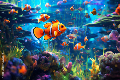 Beautiful orange fish in the depths. Underwater fishing concept