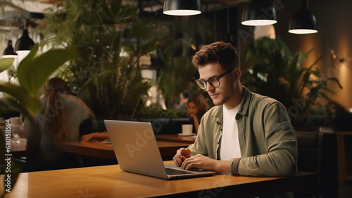 young man using laptop in cafe. handsome hipster guy working in modern loft office © Vahagn