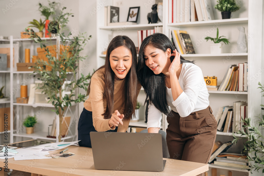 Beautiful young woman using laptop while working in home office. Businesswoman happy and smiling at indoors. Beautiful young woman using laptop while working in home office. Businesswoman happy and smiling at indoors.