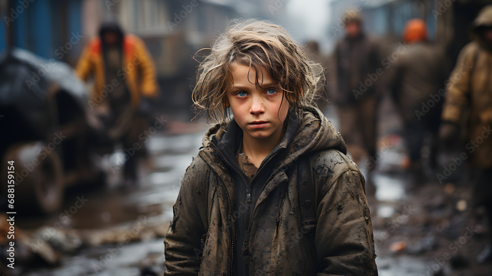 Portrait of a homeless child  in the street. Poor, neglected, dirty children. Poverty, misery, migrants, homeless people, war