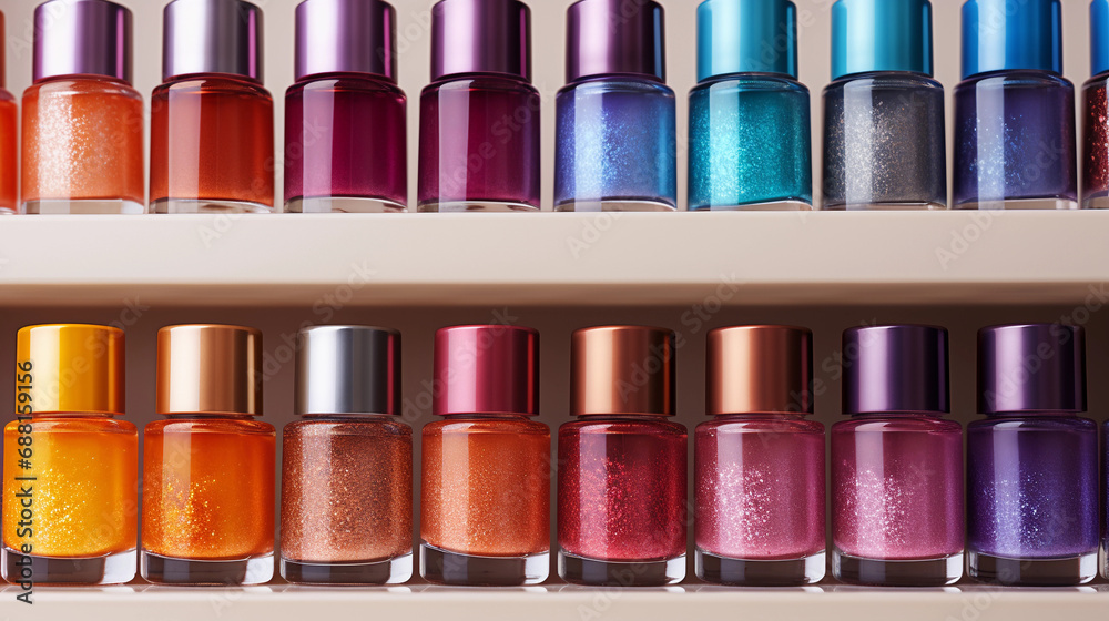 Colorful Array of Nail Polish Bottles Lined Up, Highlighting Fashion Savvy and Style Colorful Array of Nail Polish Bottles Lined Up, Highlighting Fashion Savvy and Style