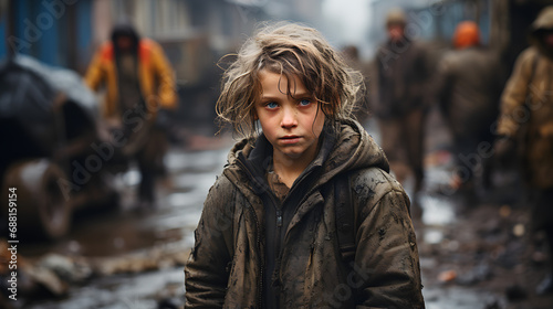 Portrait of a homeless child in the street. Poor, neglected, dirty children. Poverty, misery, migrants, homeless people, war