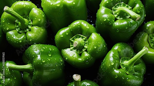 Fresh green pepper seamless background adorned with glistening droplets of water. Top-down view.