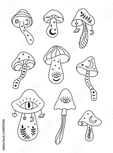 Set of celestial boho mushrooms.