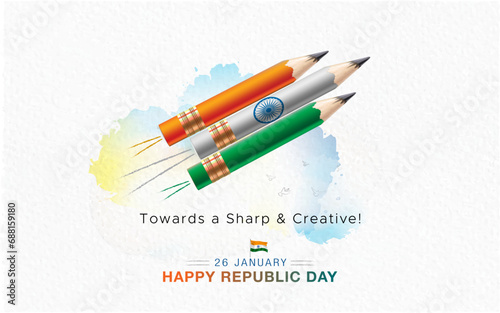 Creative concept for Republic day of India. 26 january celebration. Pencil illustration of Fighter jet rocket shape.