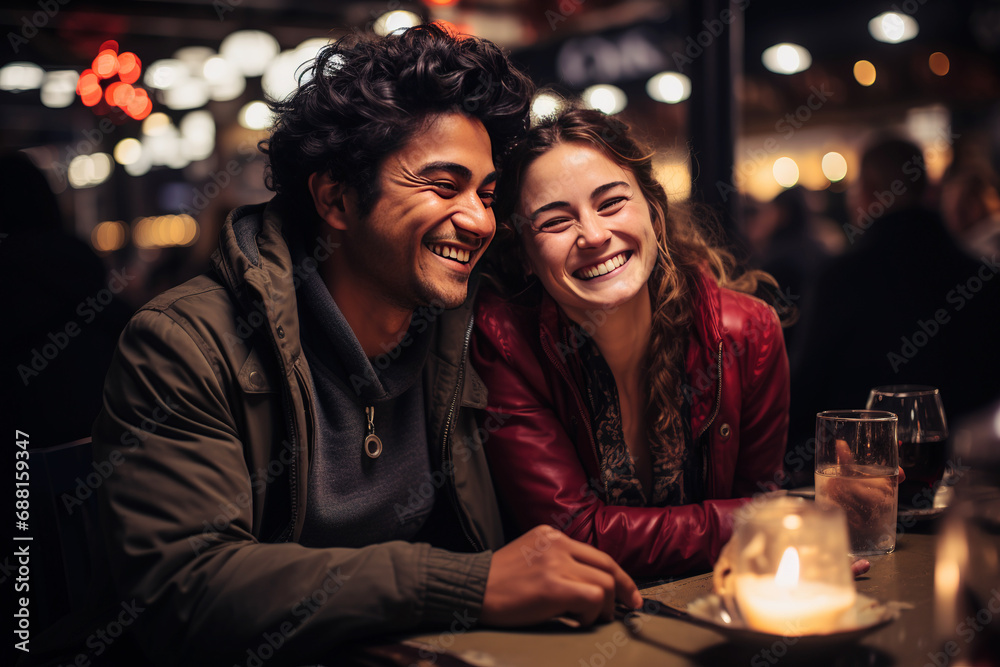 In love multiethnic couple in a restaurant. Generative AI