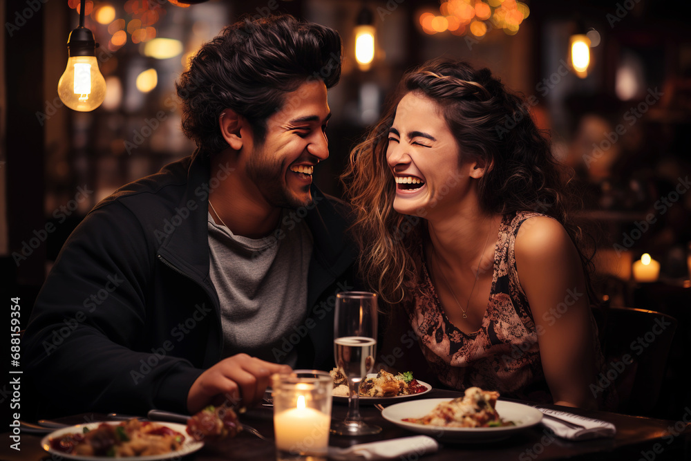In love multiethnic couple in a restaurant. Generative AI In love multiethnic couple in a restaurant. Generative AI