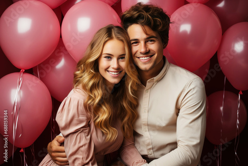 Young happy couple in love dressed in pink surrounded by balloons. Valentine's Day. Generative AI