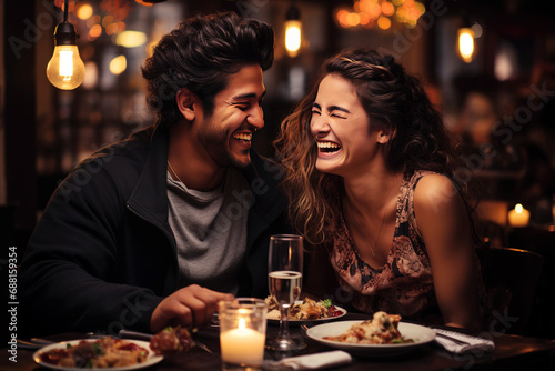 In love multiethnic couple in a restaurant. Generative AI