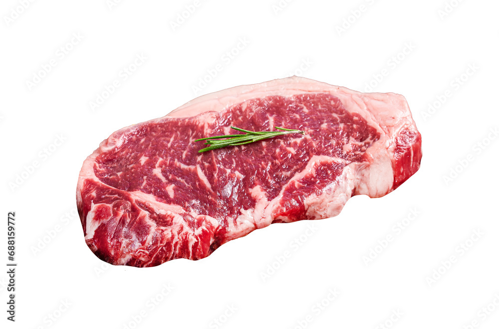 Raw New York or striploin beef meat steak with rosemary and pepper.  Transparent background. Isolated.
