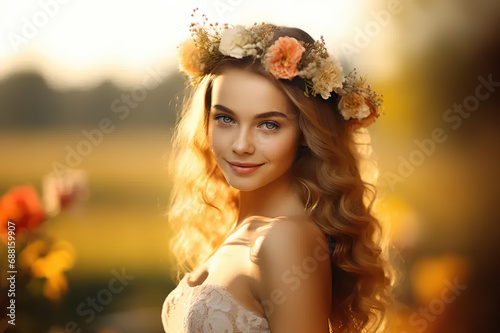 Blooms of Radiance Closeup Capture of a Beautiful Bride Adorned in a Delicate Flower Crown on Her Special Day. created with Generative AI