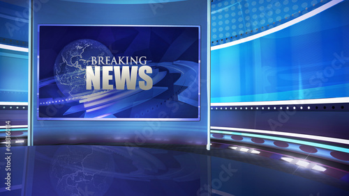 TV news, virtual studio background with a monitor and a desk. Ideal also for online shows or events . 3D rendering backdrop suitable on VR tracking system stage sets, with green screen