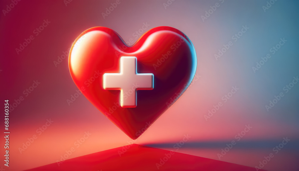 Obraz premium Red heart with white cross sign isolated on gradient background. Blood donor concept.