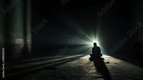 Lone Figure Seated in a Dark Room Illuminated by a Single Light Source  A Portrait of Solitude and Contemplation