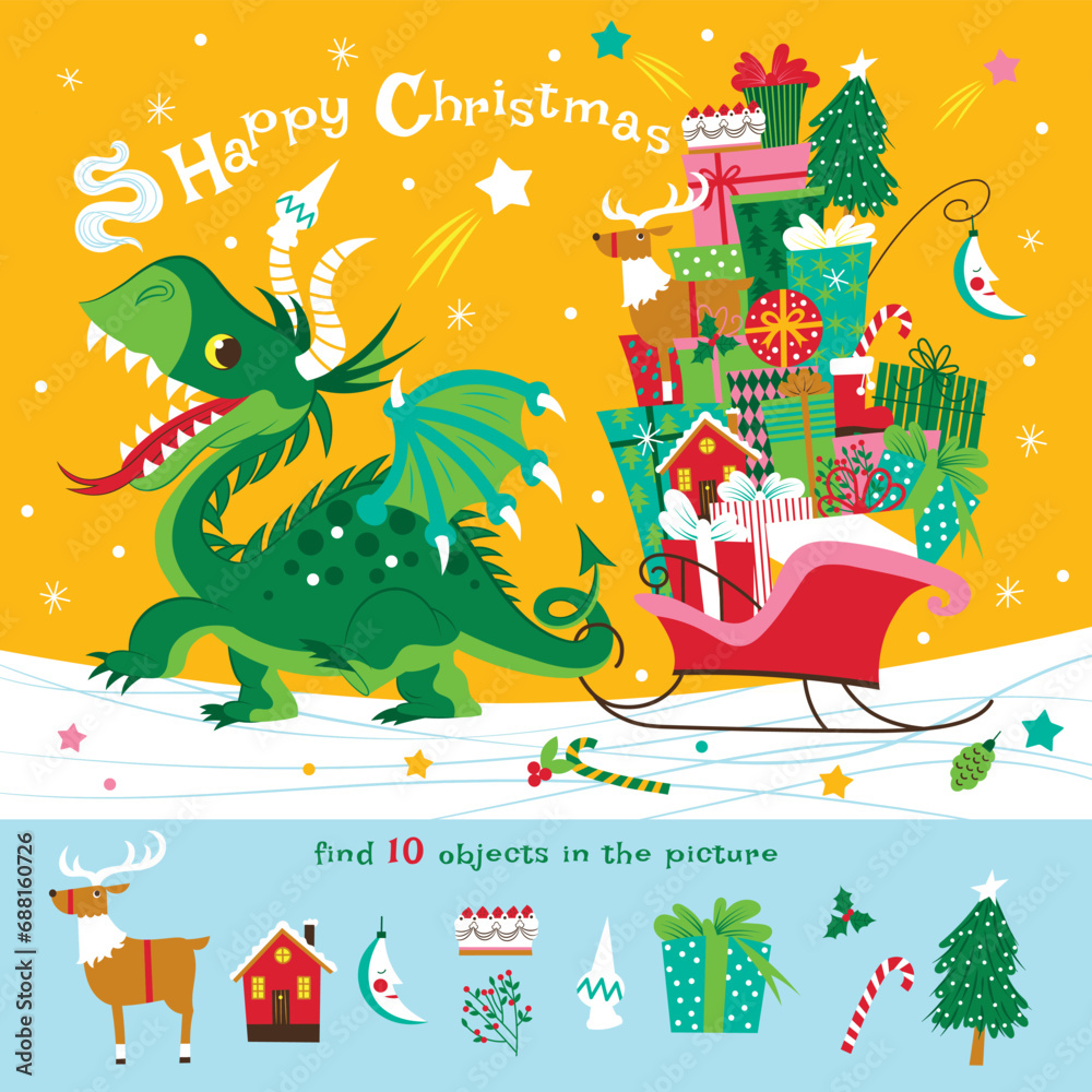 Find 10 objects in the picture. Hidden object puzzle. The little cheerful green dragon is carrying a lot of gifts for children. Vector illustration for New Year's card. Funny cartoon character. Find 10 objects in the picture. Hidden object puzzle. The little cheerful green dragon is carrying a lot of gifts for children. Vector illustration for New Year's card. Funny cartoon character.
