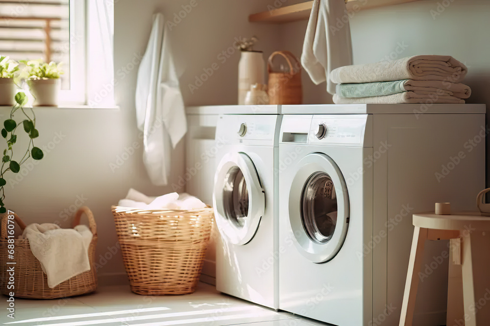 Efficiency in Every Load Bright and Functional Laundry Room Interior with Washing Machine, Clothes Dryer, and Organized Storage for Detergents and Laundry Essentials. created with Generative AI