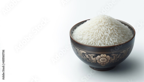 Bowl of white rice on a chinese pot with copy space and white background