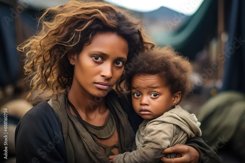 Resilience and Hope Young Homeless Woman Embraces a Baby in a Refugee Camp, Symbolizing the Struggle, Refuge, and Integration of Migrants. created with Generative AI