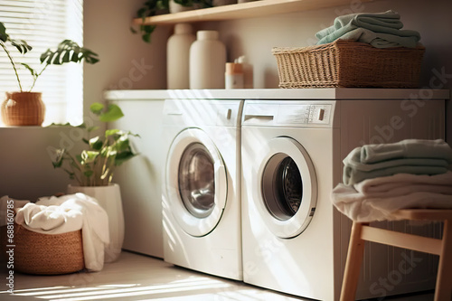 Efficiency in Every Load Bright and Functional Laundry Room Interior with Washing Machine, Clothes Dryer, and Organized Storage for Detergents and Laundry Essentials. created with Generative AI
