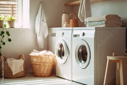 Efficiency in Every Load Bright and Functional Laundry Room Interior with Washing Machine, Clothes Dryer, and Organized Storage for Detergents and Laundry Essentials. created with Generative AI