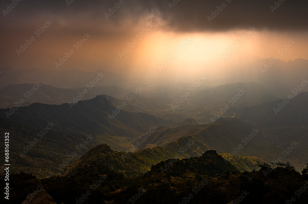 Dramatic and picturesque mountain landscape. Sunset from Jabal Mareer. The Sarawat Mountains, Saudi Arabia.