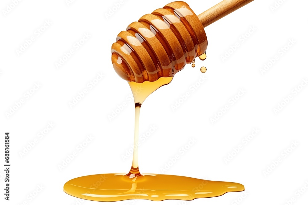 Golden honey drips from a wooden dipper on the transparent background, pooling below with a glossy sheen.