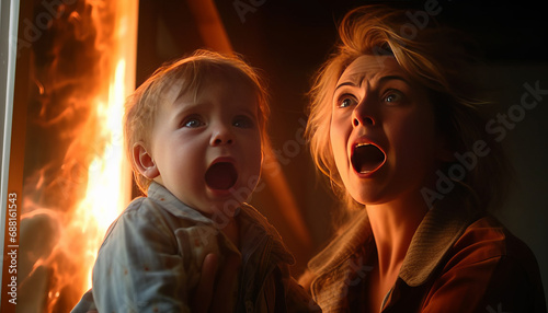 a mother holding her baby and screaming out of a window with fireทgenerative ai photo